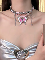 Pink Butterfly Leather Chain-Stitched Choker